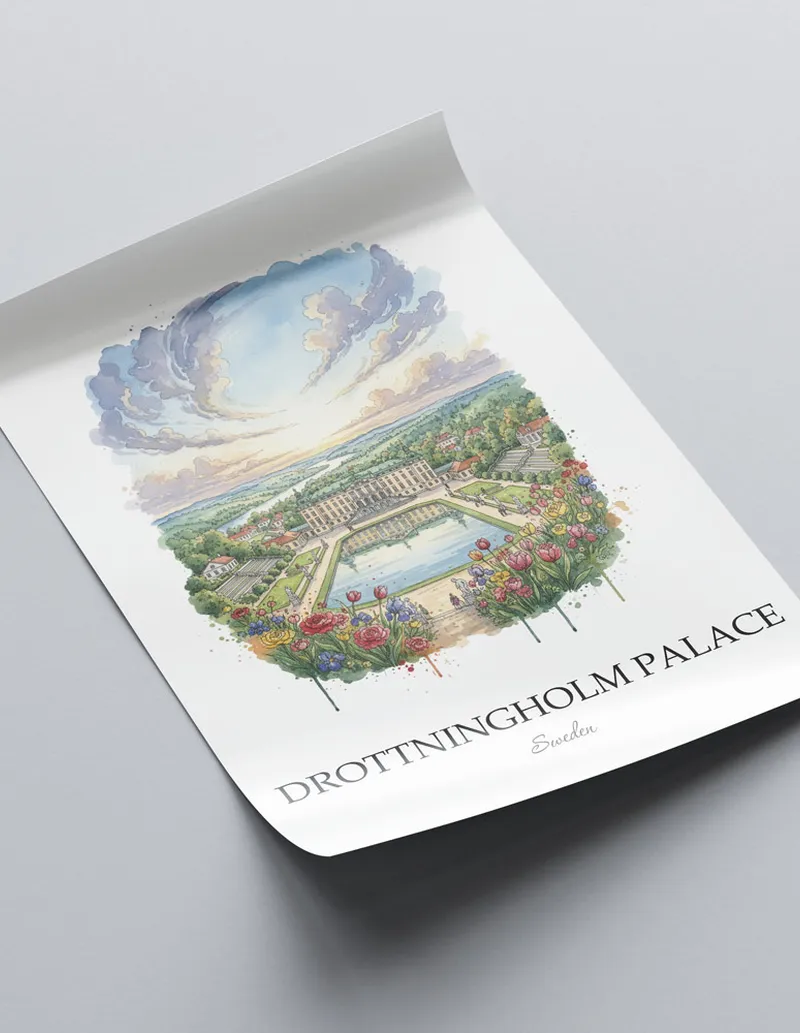 A close-up of a high-quality paper print featuring the Drottningholm Palace in Sweden minimalist design.