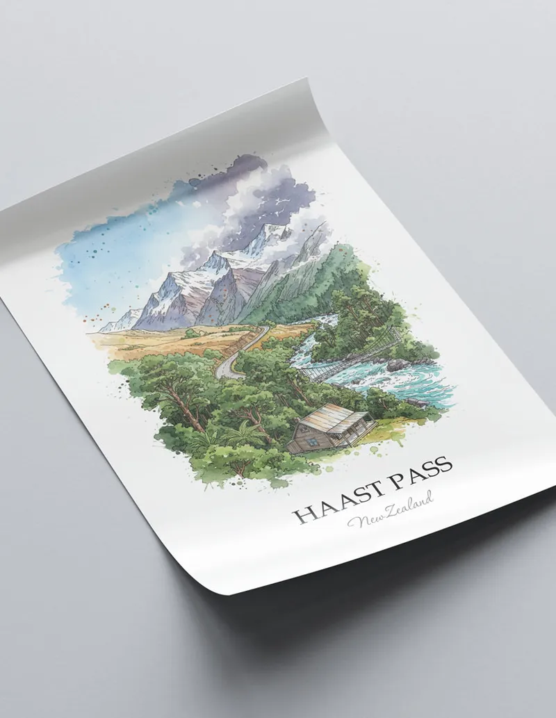 Vintage travel poster of Haast Pass, New Zealand in a light frame displayed above a sofa in a bright boho interior.
