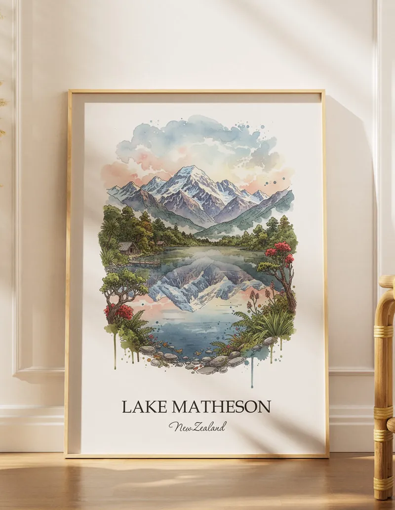 A gorgeous boho-inspired living space with a framed vintage travel poster of Lake Matheson in New Zealand on display.