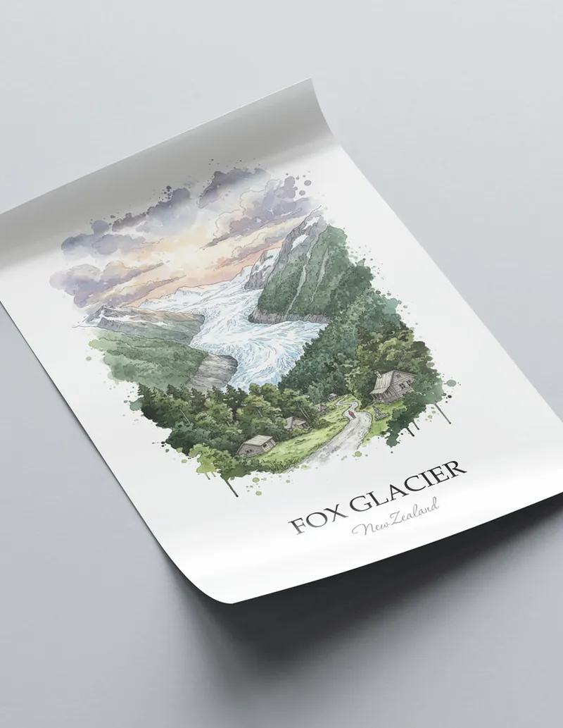 Vintage travel poster of Fox Glacier, New Zealand in a light frame displayed above a sofa in a bright boho interior.