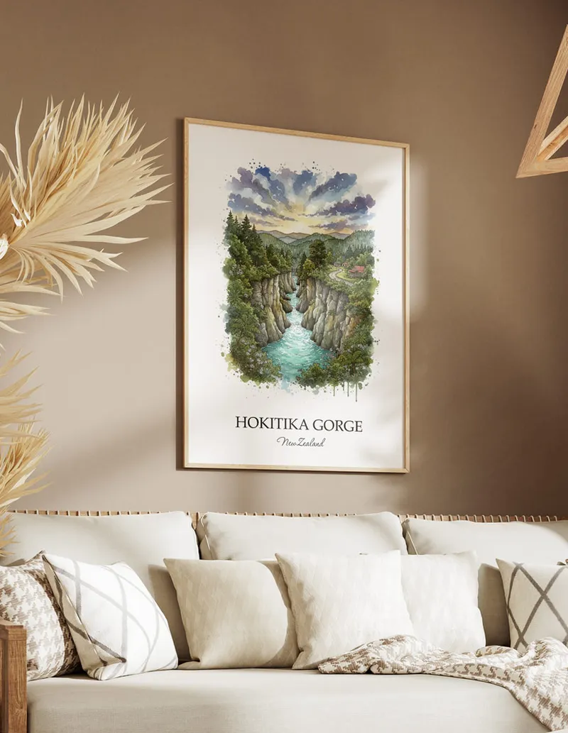 Minimalist poster of Hokitika Gorge in New Zealand in a light frame standing on the floor in a dark moody interior.