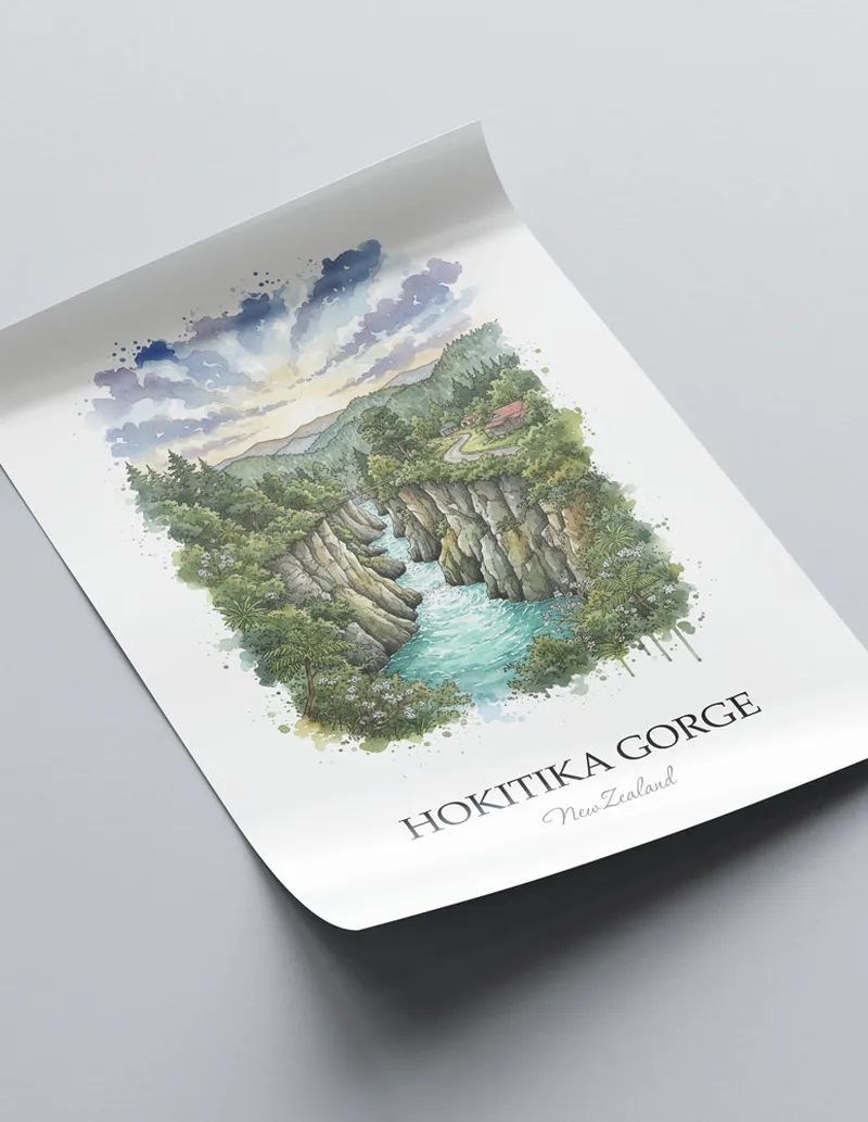Vintage travel poster of Hokitika Gorge, New Zealand in a light frame displayed above a sofa in a bright boho interior.