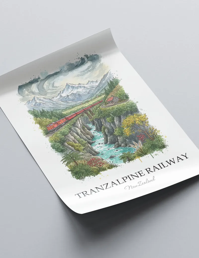 Vintage travel poster of TranzAlpine Railway, New Zealand in a light frame displayed above a sofa in a bright boho interior.