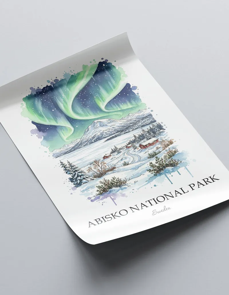 A close-up of a high-quality paper print featuring the Abisko National Park in Sweden minimalist design.