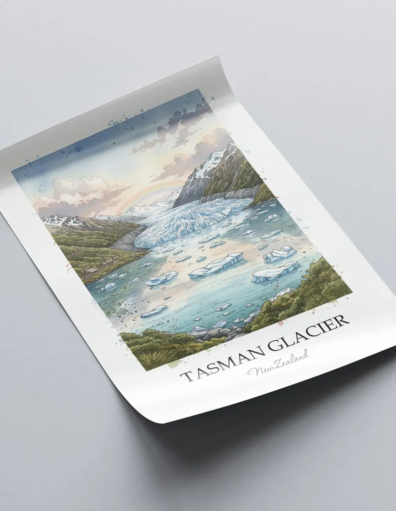 Vintage travel poster of Tasman Glacier, New Zealand in a light frame displayed above a sofa in a bright boho interior.
