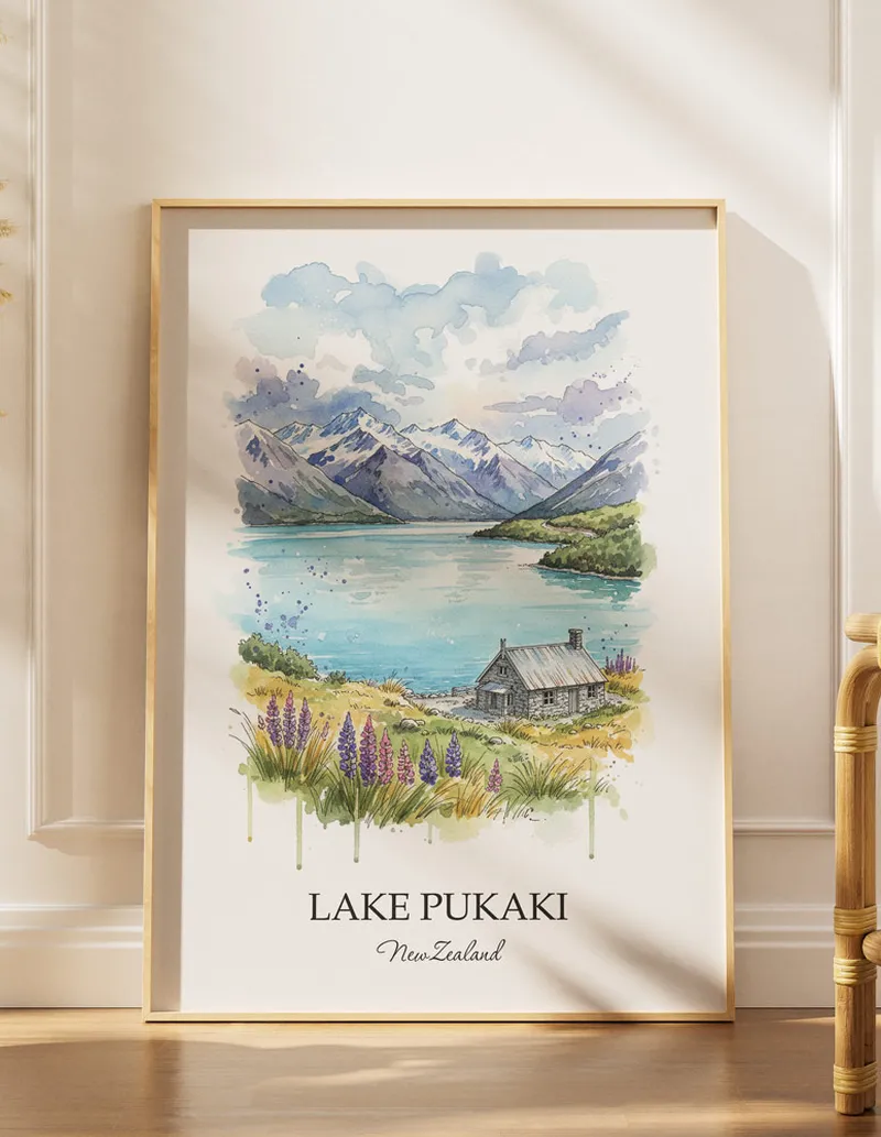 A gorgeous boho-inspired living space with a framed vintage travel poster of Lake Pukaki in New Zealand on display.