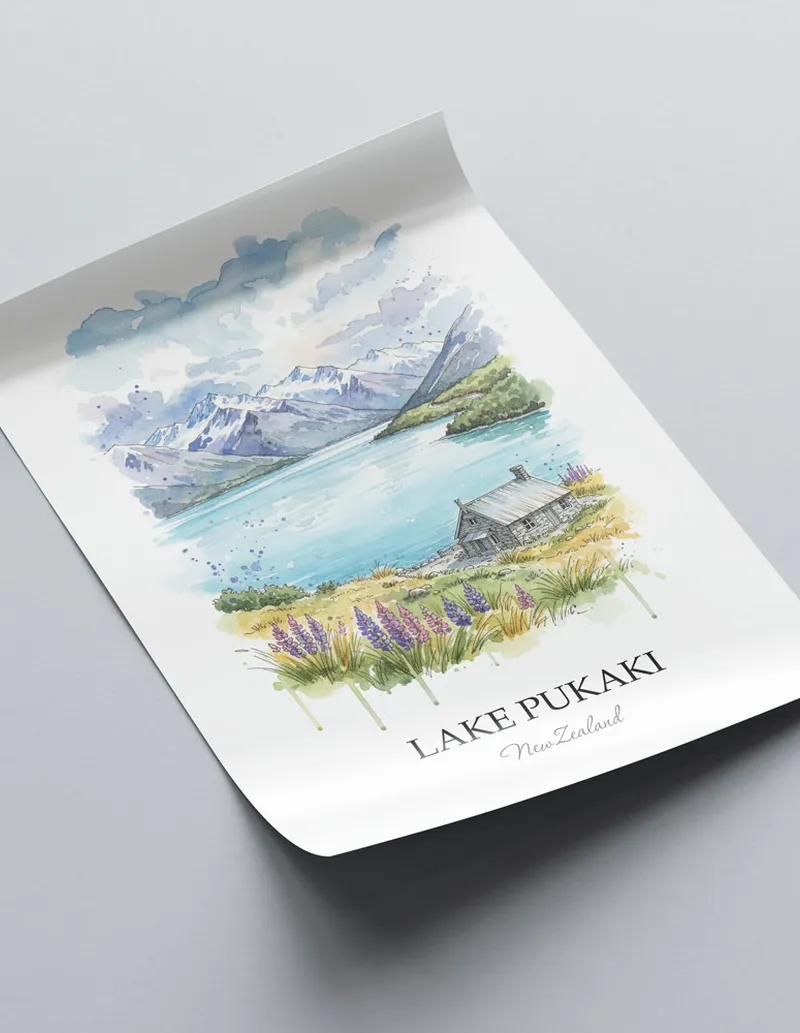 Vintage travel poster of Lake Pukaki, New Zealand in a light frame displayed above a sofa in a bright boho interior.