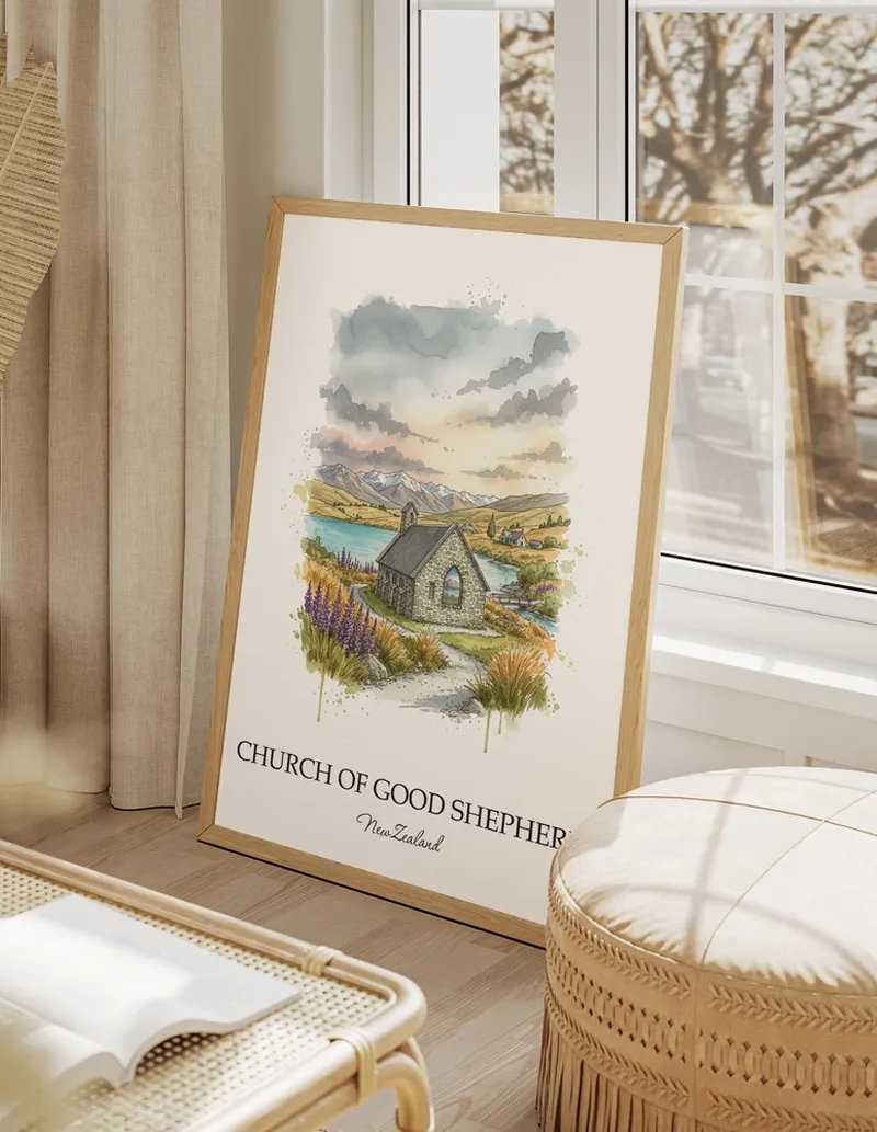 A close-up of a high-quality paper print featuring the Church of Good Shepherd in New Zealand minimalist design.