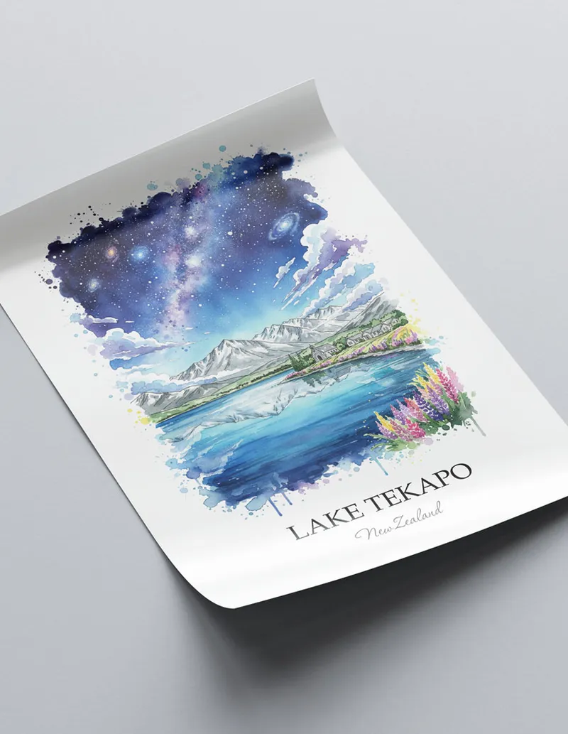 Vintage travel poster of Lake Tekapo, New Zealand in a light frame displayed above a sofa in a bright boho interior.
