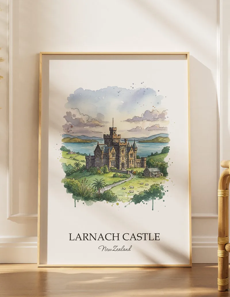 A gorgeous boho-inspired living space with a framed vintage travel poster of Larnach Castle in New Zealand on display.