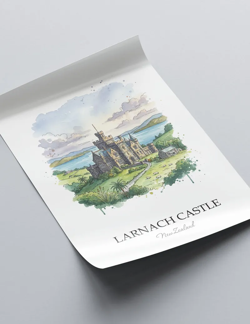 Vintage travel poster of Larnach Castle, New Zealand in a light frame displayed above a sofa in a bright boho interior.