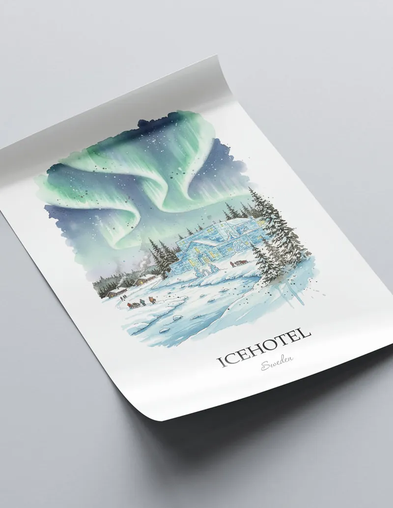 A close-up of a high-quality paper print featuring the Icehotel in Sweden minimalist design.