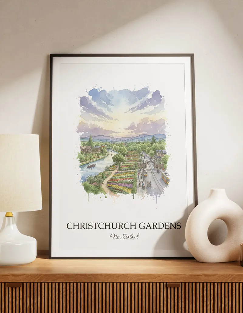 A clean and modern mockup showing a framed Christchurch Gardens, New Zealand print on a minimalist background.