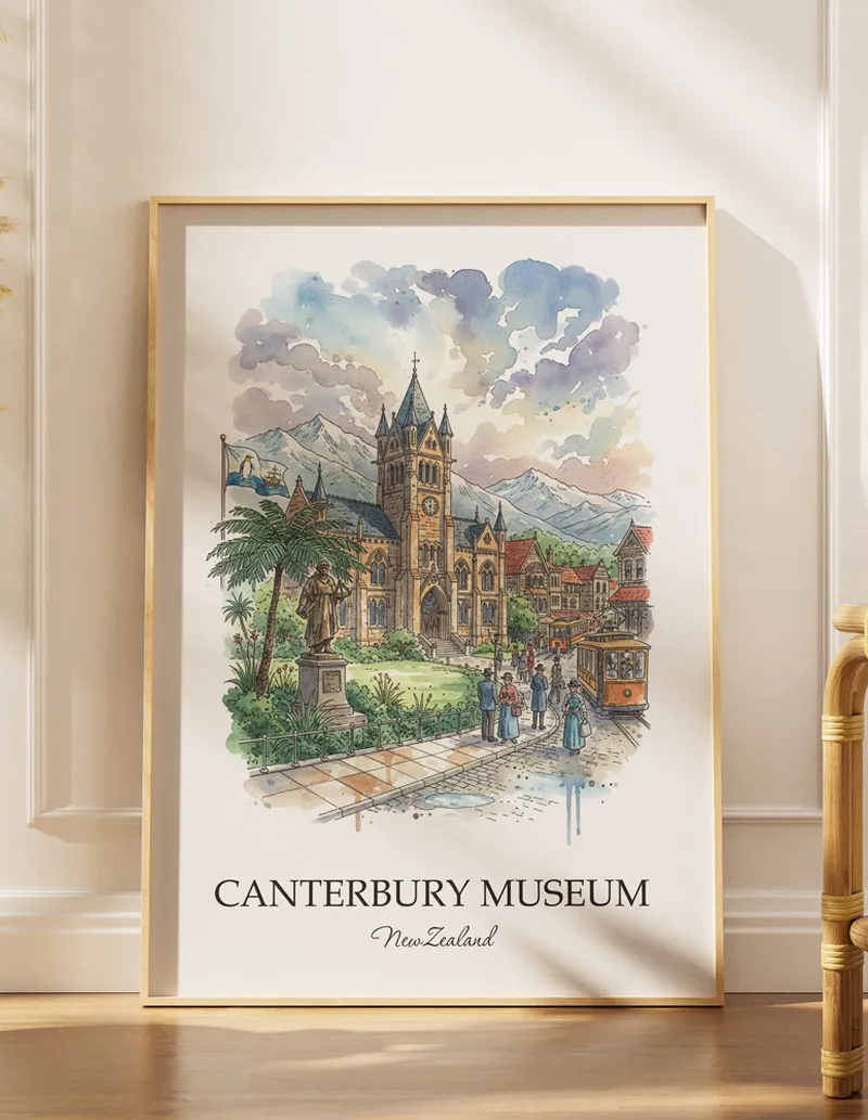 A gorgeous boho-inspired living space with a framed vintage travel poster of Canterbury Museum in New Zealand on display.