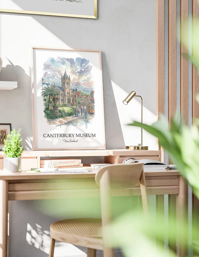 Minimalist poster of Canterbury Museum in New Zealand in a light frame standing by a window in a boho style room.