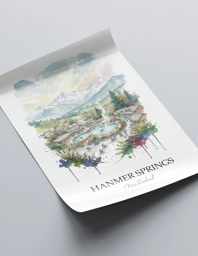 Vintage travel poster of Hanmer Springs, New Zealand in a light frame displayed above a sofa in a bright boho interior.