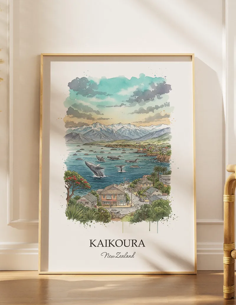A gorgeous boho-inspired living space with a framed vintage travel poster of Kaikoura in New Zealand on display.
