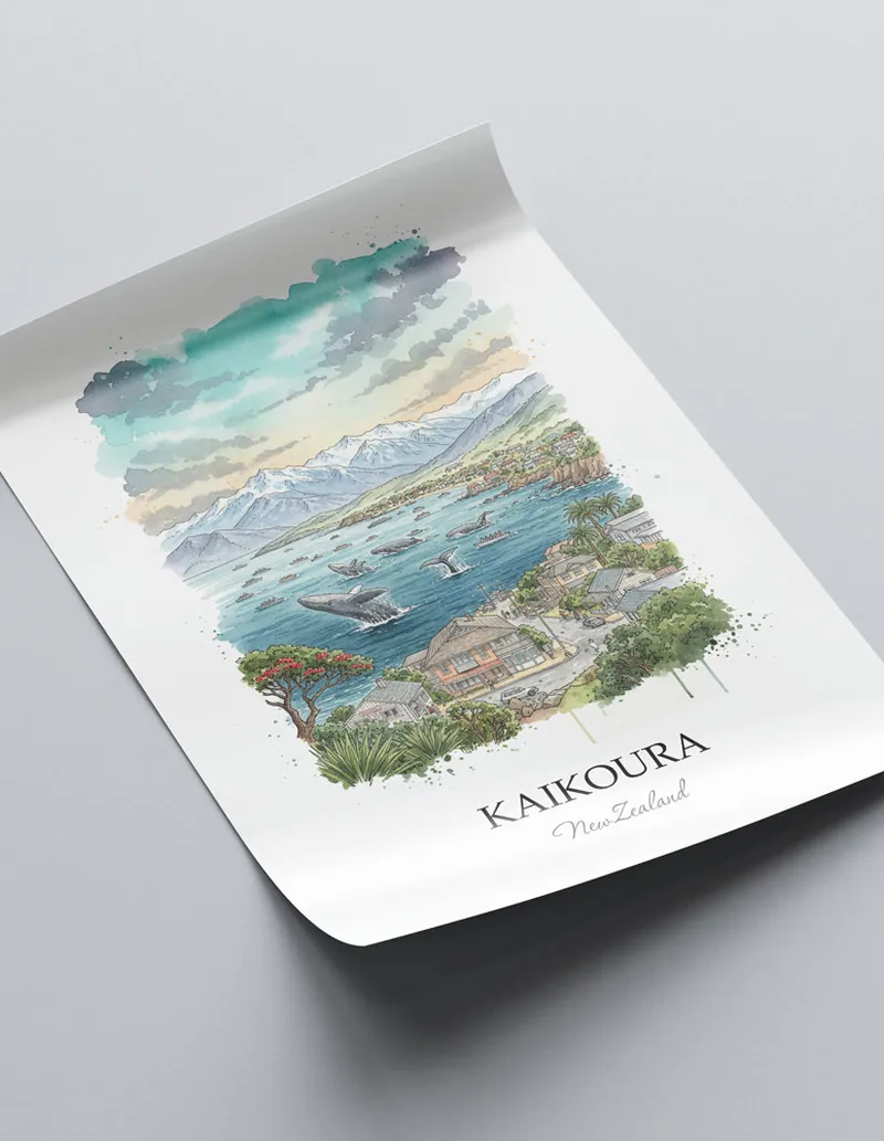 Vintage travel poster of Kaikoura, New Zealand in a light frame displayed above a sofa in a bright boho interior.