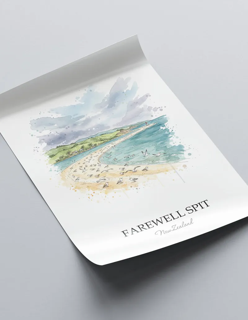 Vintage travel poster of Farewell Spit, New Zealand in a light frame displayed above a sofa in a bright boho interior.