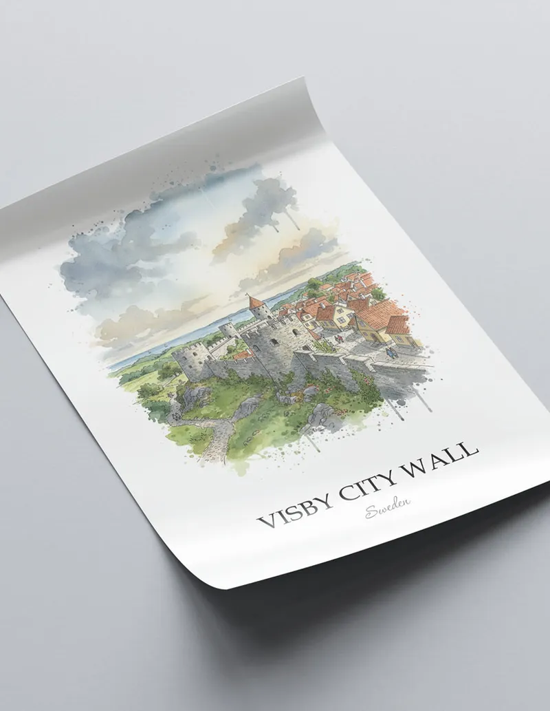 A close-up of a high-quality paper print featuring the Visby City Wall in Sweden minimalist design.