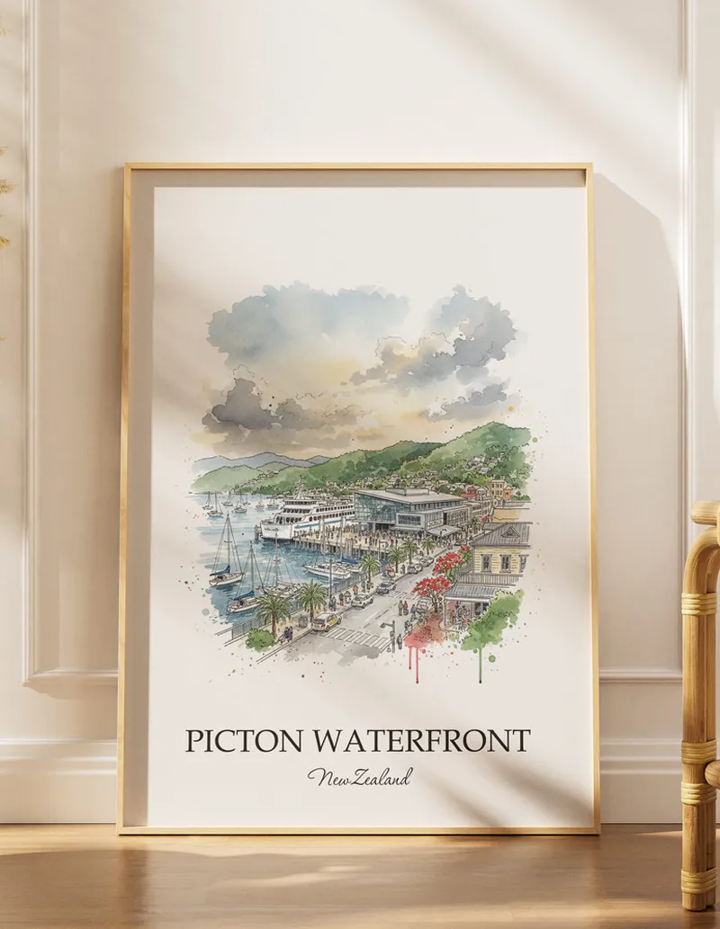 A gorgeous boho-inspired living space with a framed vintage travel poster of Picton Waterfront in New Zealand on display.