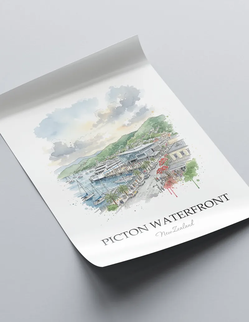 Vintage travel poster of Picton Waterfront, New Zealand in a light frame displayed above a sofa in a bright boho interior.