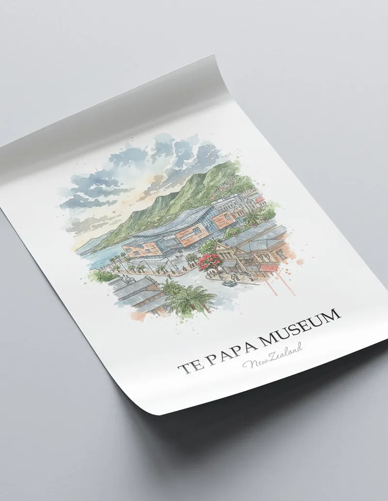 Vintage travel poster of Te Papa Museum, New Zealand in a light frame displayed above a sofa in a bright boho interior.