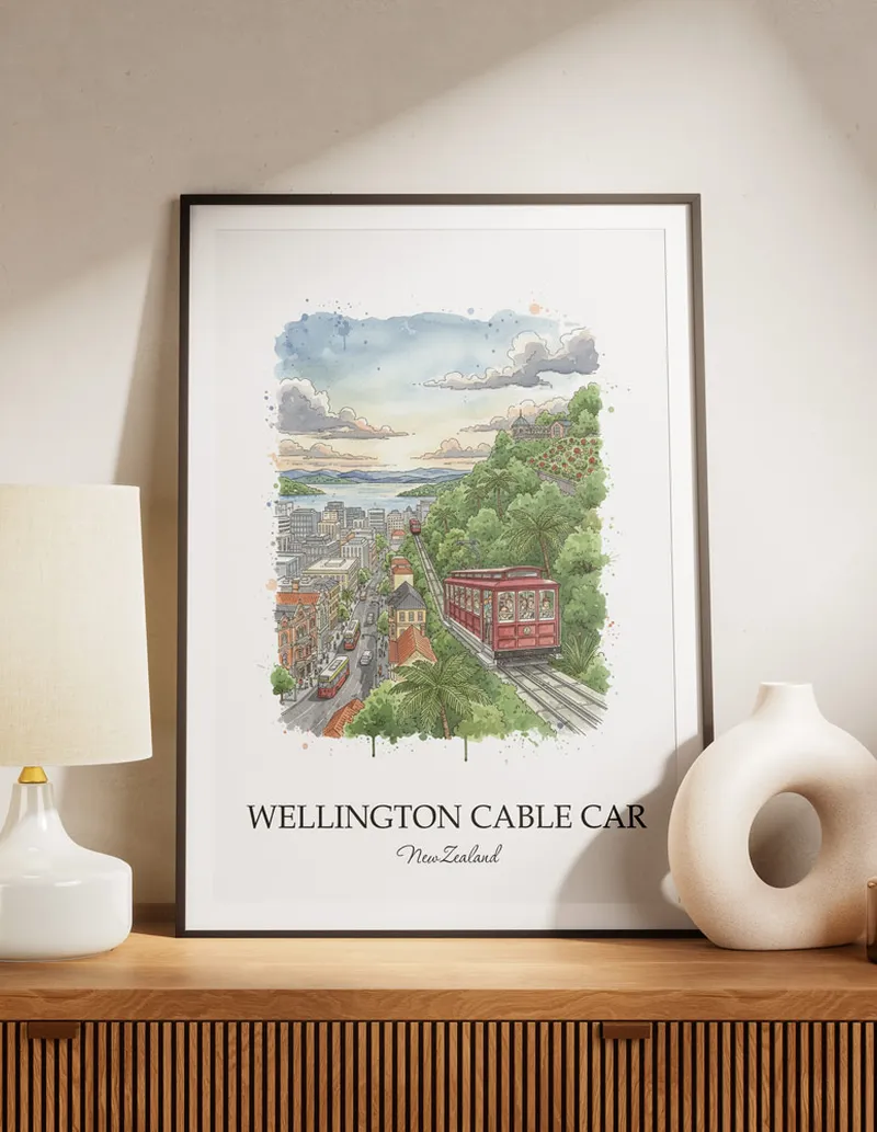 A clean and modern mockup showing a framed Wellington Cable Car, New Zealand print on a minimalist background.