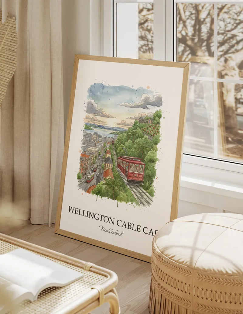 A close-up of a high-quality paper print featuring the Wellington Cable Car in New Zealand minimalist design.
