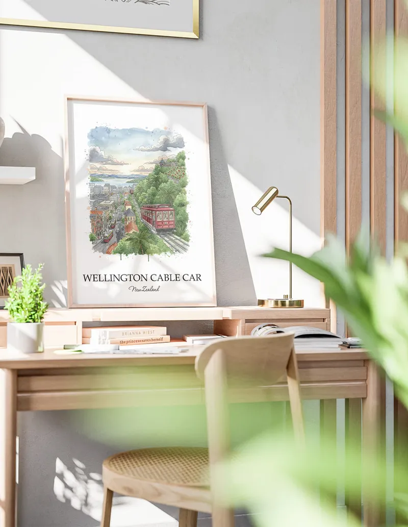 Minimalist poster of Wellington Cable Car in New Zealand in a light frame standing by a window in a boho style room.