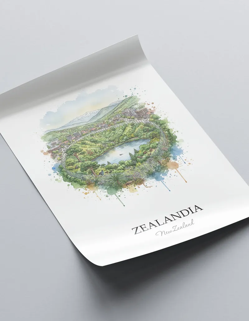Vintage travel poster of Zealandia, New Zealand in a light frame displayed above a sofa in a bright boho interior.