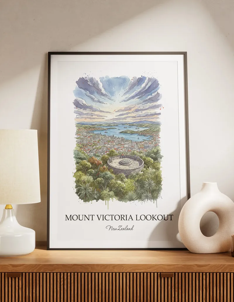 A clean and modern mockup showing a framed Mount Victoria Lookout, New Zealand print on a minimalist background.