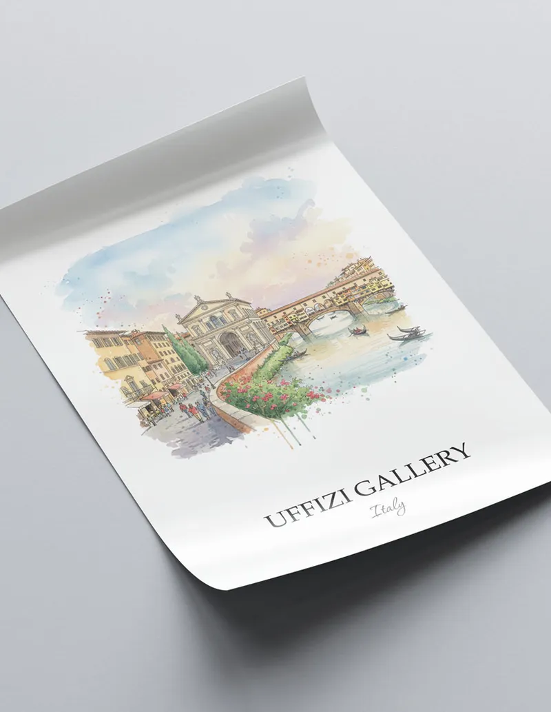 A close-up of a high-quality paper print featuring the Uffizi Gallery in Italy minimalist design.