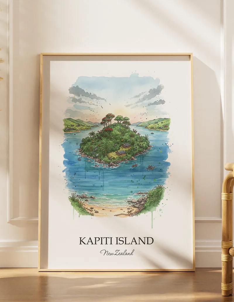 A gorgeous boho-inspired living space with a framed vintage travel poster of Kapiti Island in New Zealand on display.