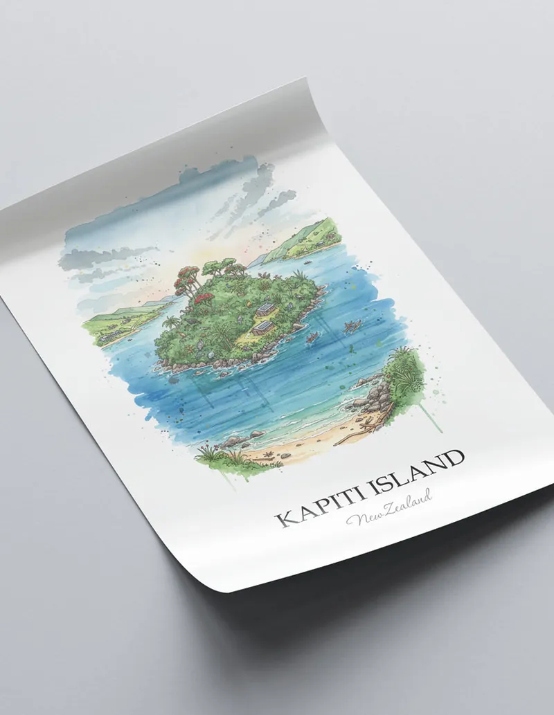 Vintage travel poster of Kapiti Island, New Zealand in a light frame displayed above a sofa in a bright boho interior.