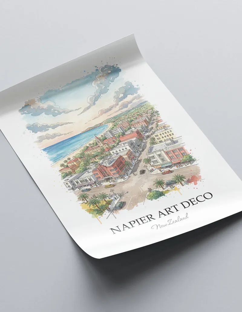 Vintage travel poster of Napier Art Deco, New Zealand in a light frame displayed above a sofa in a bright boho interior.