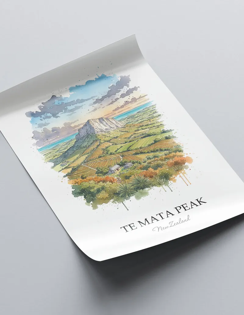 Vintage travel poster of Te Mata Peak, New Zealand in a light frame displayed above a sofa in a bright boho interior.