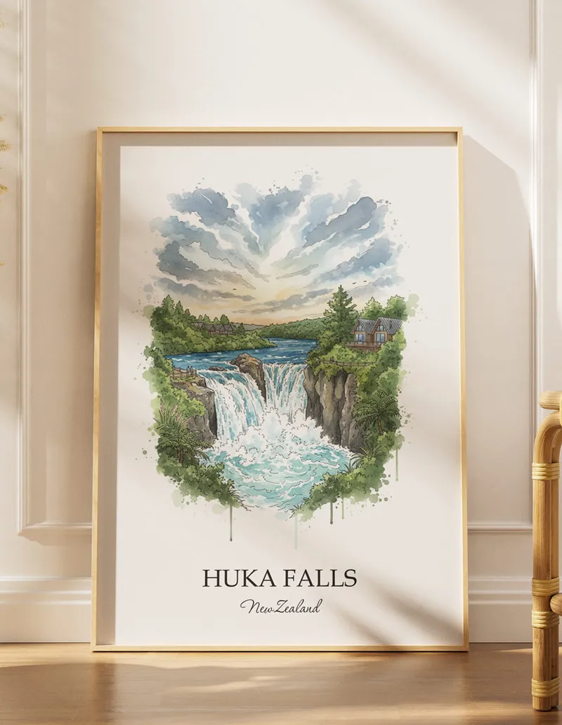 A gorgeous boho-inspired living space with a framed vintage travel poster of Huka Falls in New Zealand on display.