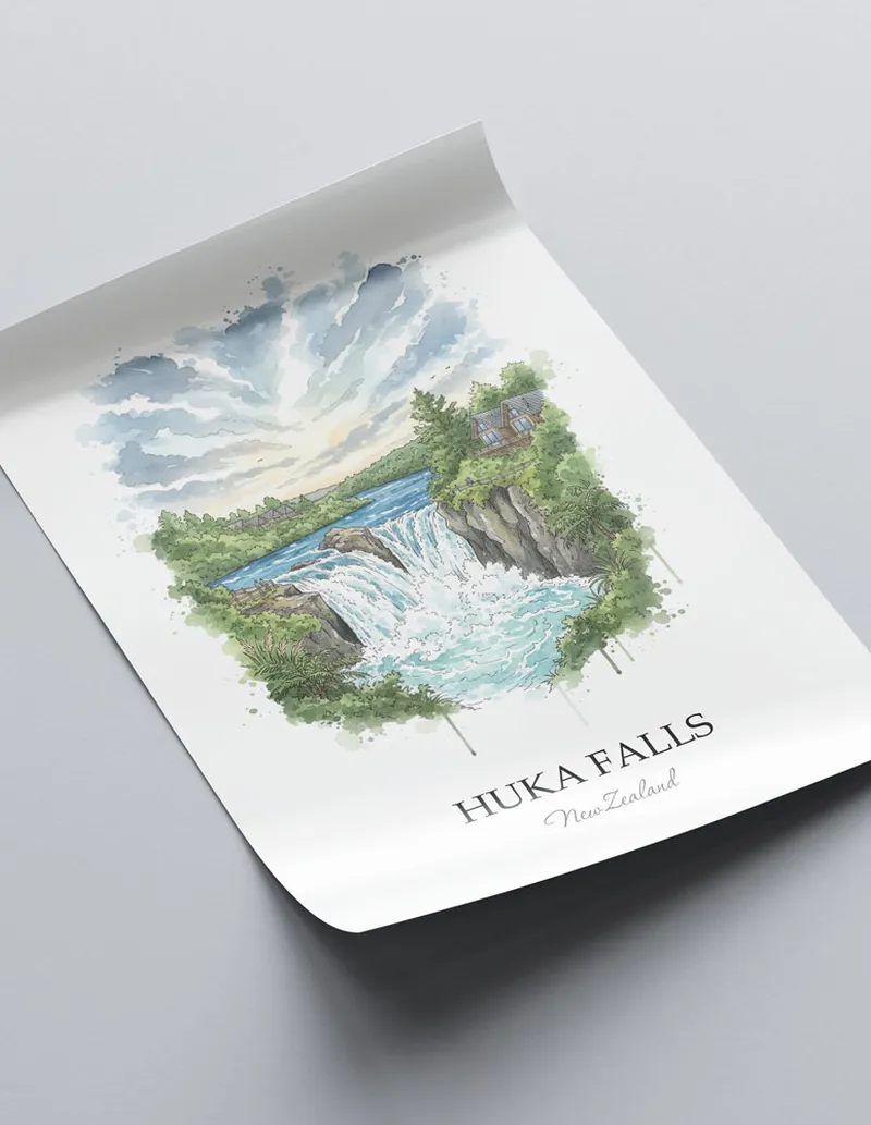 Vintage travel poster of Huka Falls, New Zealand in a light frame displayed above a sofa in a bright boho interior.