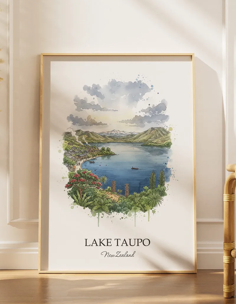 A gorgeous boho-inspired living space with a framed vintage travel poster of Lake Taupo in New Zealand on display.