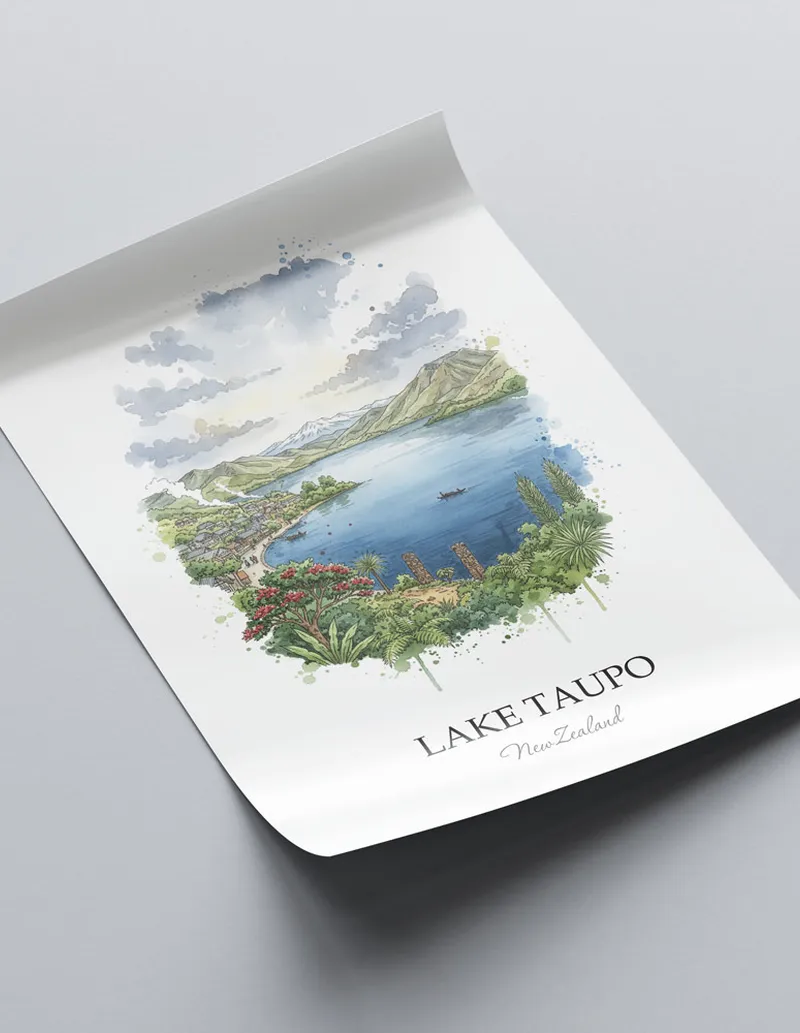 Vintage travel poster of Lake Taupo, New Zealand in a light frame displayed above a sofa in a bright boho interior.