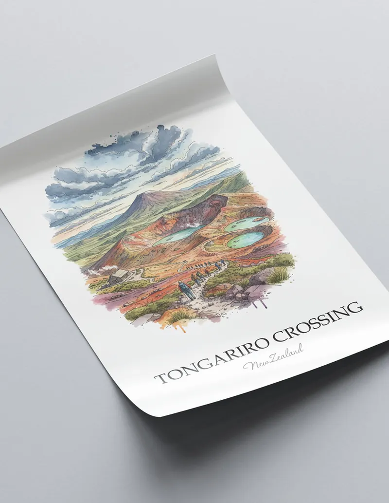 Vintage travel poster of Tongariro Crossing, New Zealand in a light frame displayed above a sofa in a bright boho interior.