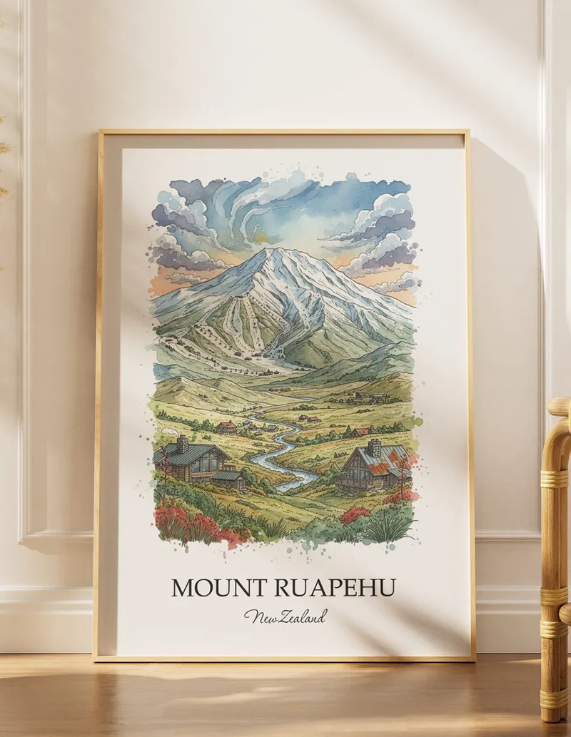 A gorgeous boho-inspired living space with a framed vintage travel poster of Mount Ruapehu in New Zealand on display.