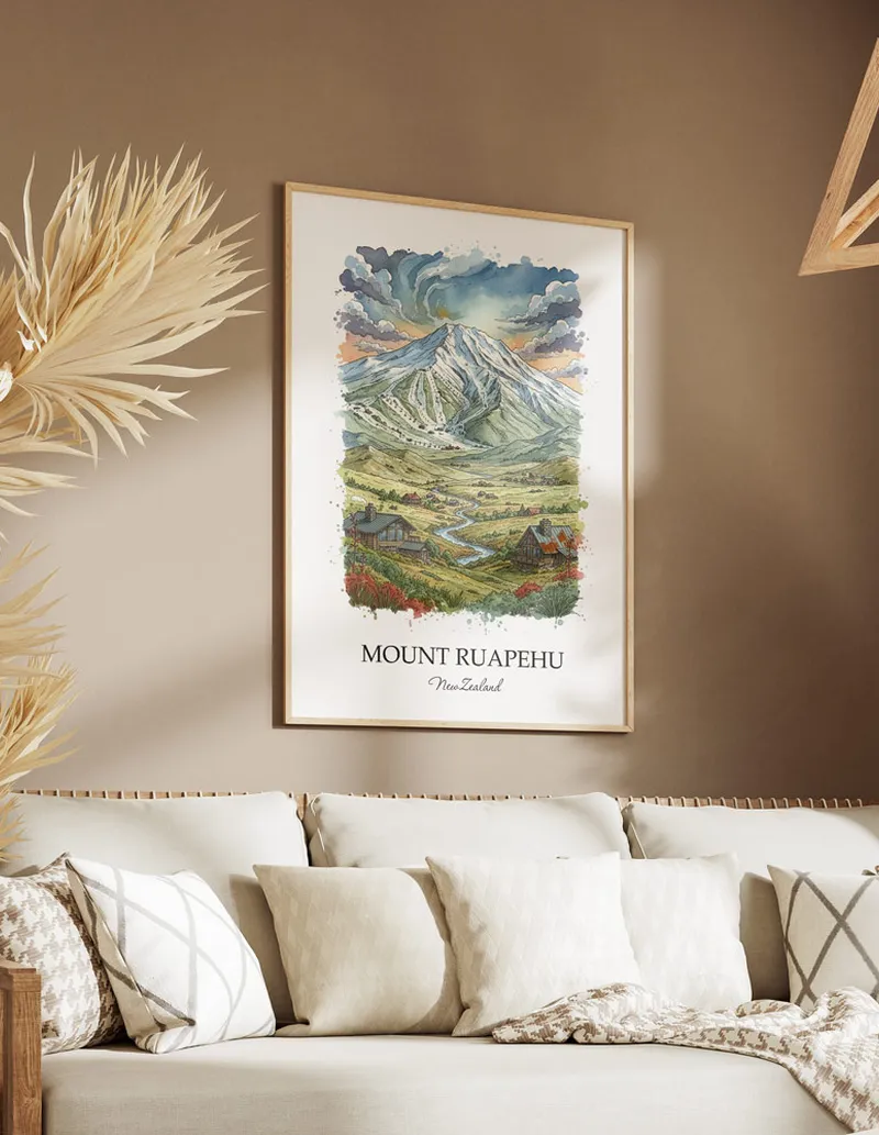 Minimalist poster of Mount Ruapehu in New Zealand in a light frame standing on the floor in a dark moody interior.