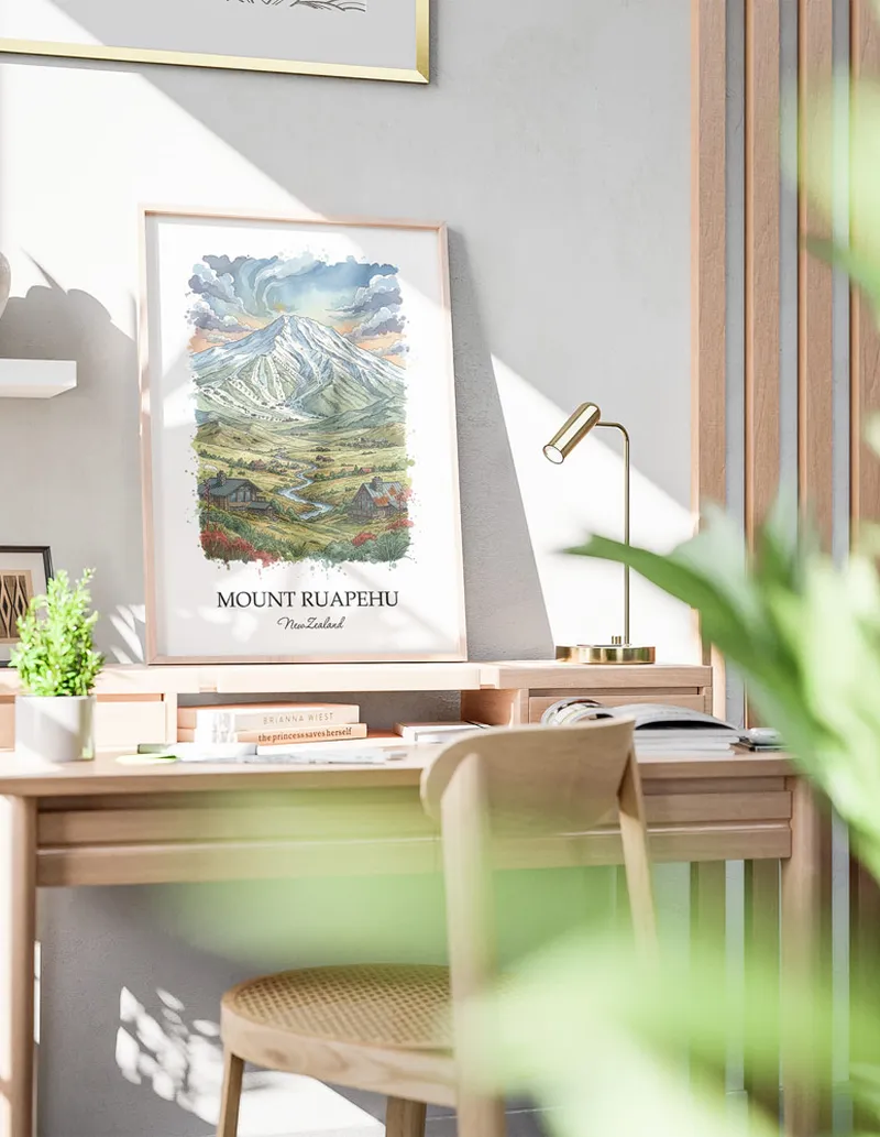 Minimalist poster of Mount Ruapehu in New Zealand in a light frame standing by a window in a boho style room.