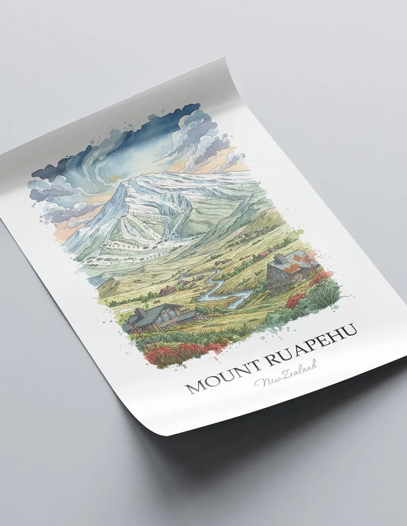 Vintage travel poster of Mount Ruapehu, New Zealand in a light frame displayed above a sofa in a bright boho interior.