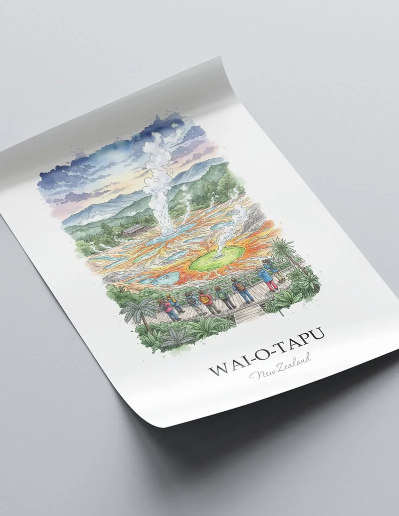 Vintage travel poster of Wai-O-Tapu, New Zealand in a light frame displayed above a sofa in a bright boho interior.