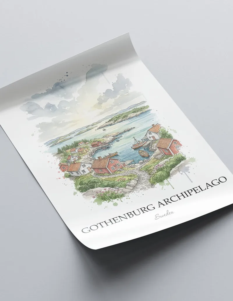 A close-up of a high-quality paper print featuring the Gothenburg Archipelago in Sweden minimalist design.