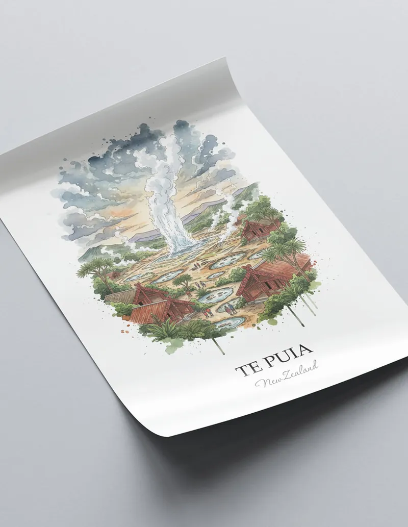 Vintage travel poster of Te Puia, New Zealand in a light frame displayed above a sofa in a bright boho interior.