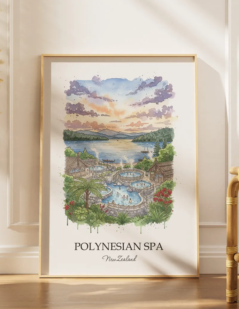 A gorgeous boho-inspired living space with a framed vintage travel poster of Polynesian Spa in New Zealand on display.